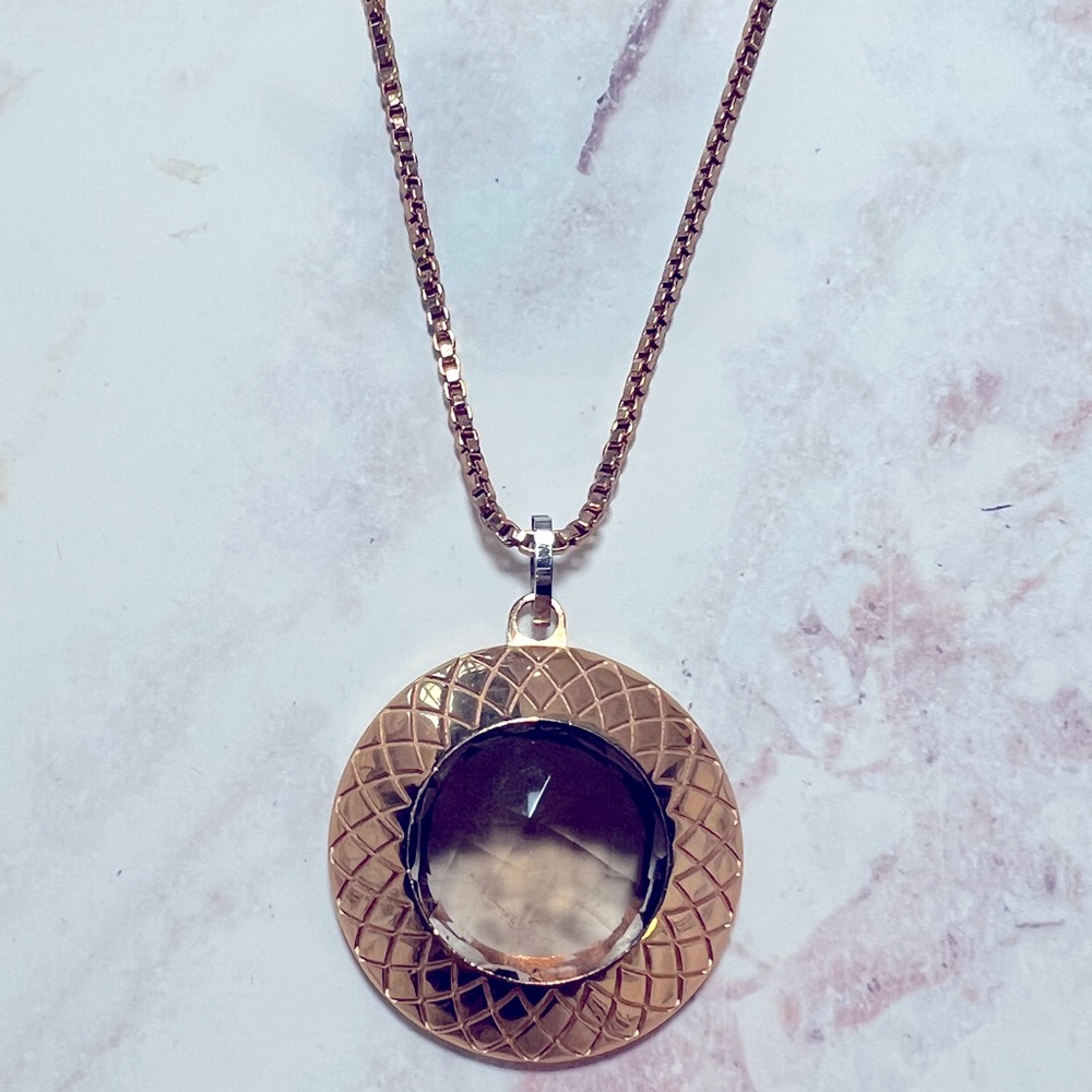 REBECCA JEWELRY Florence Italy; Smokey Topaz & Rose Gold Plate Long Necklace